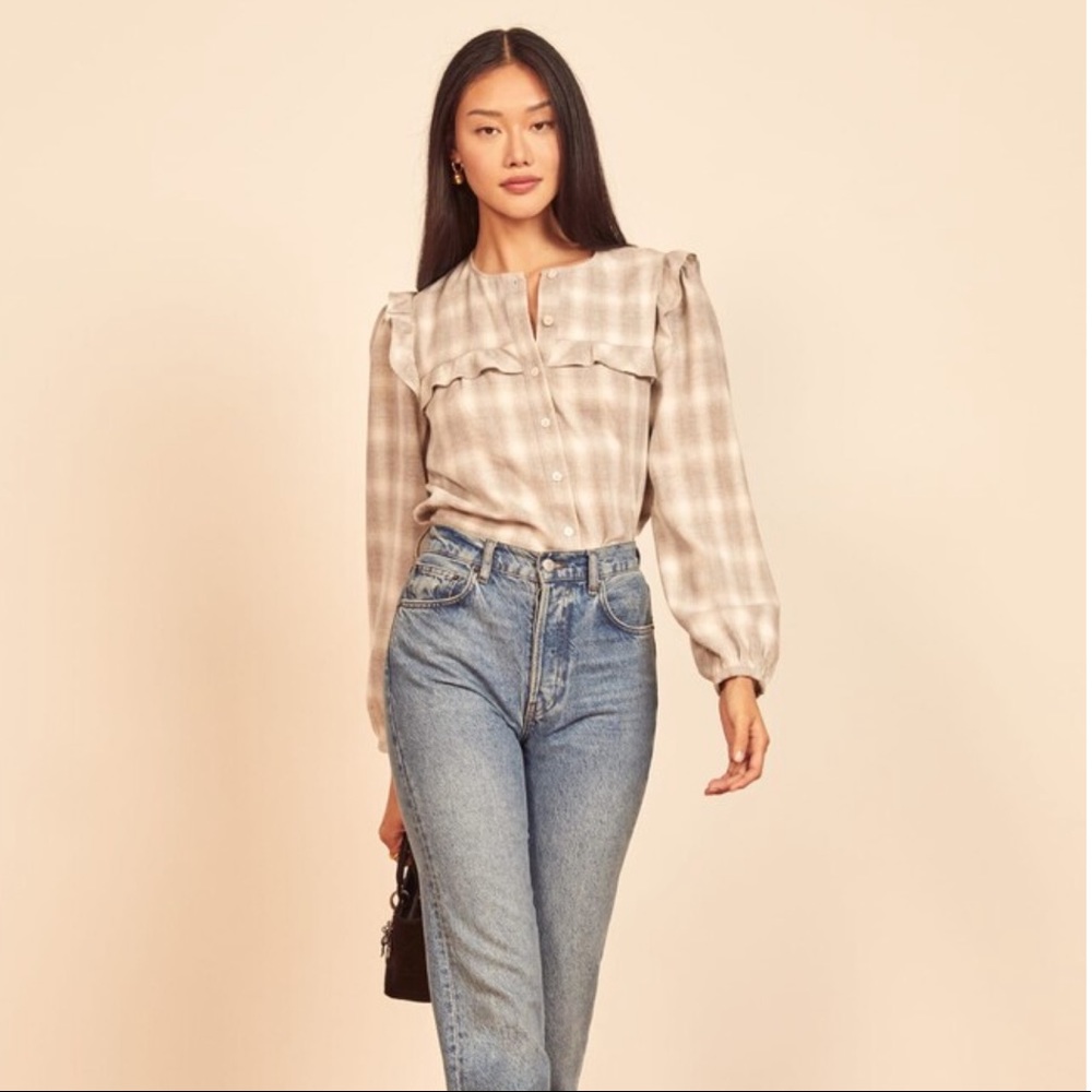 Reformation Beige Plaid Ruffle Yoke Blouse